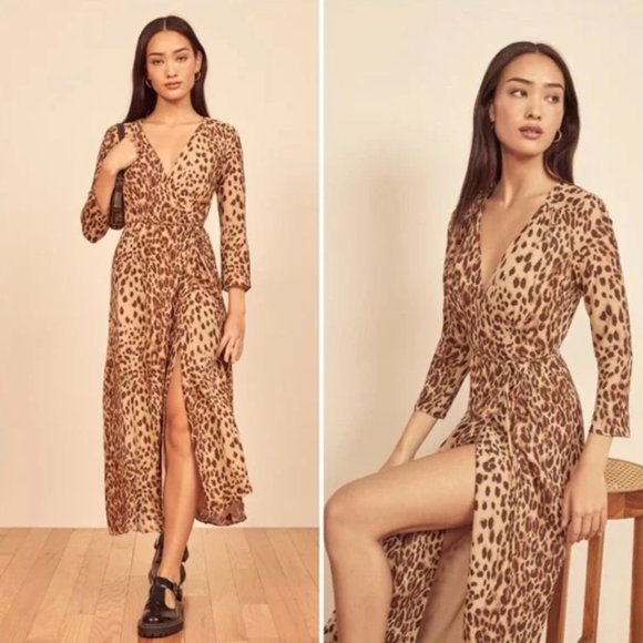 reformation leopard wrap dress